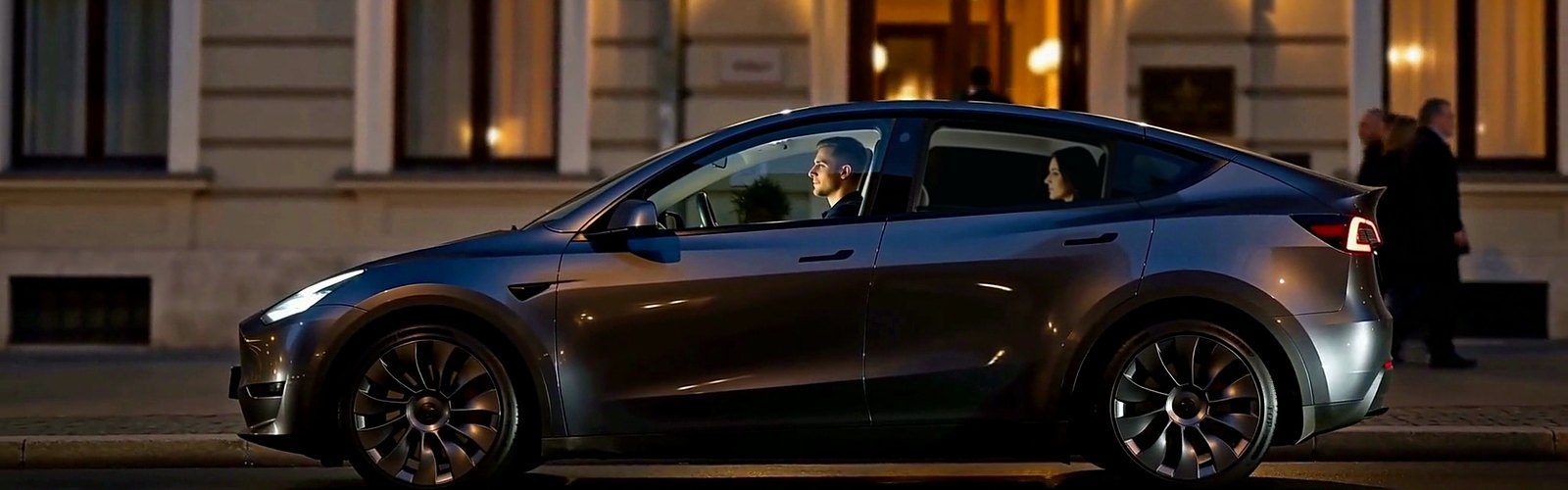 Автомобиль Rides.rs забирает пассажира у здания вечером